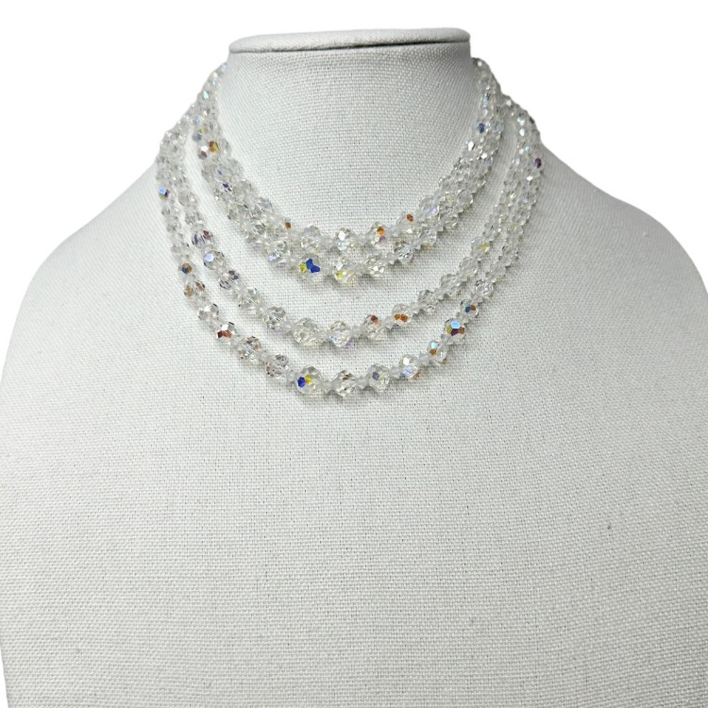 Vintage Aurora Borealis 4 Strand Clear Glass Faceted Crystal Necklace